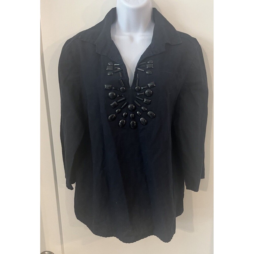 Talbots Dark Blue Cotton Linen Blend Beaded Collared 3/4 Sleeve Blouse Women L